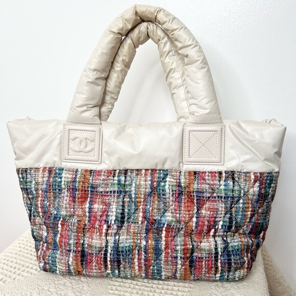 Authentic Chanel Coco Cocoon Nylon Tote Bag Tweed Print Cream Off White - Picture 6 of 15